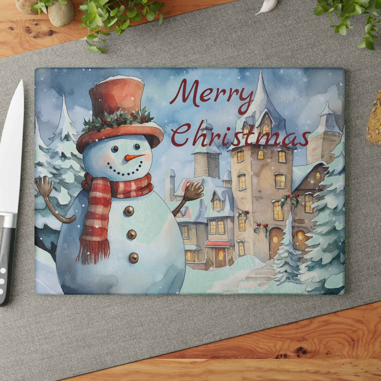 Merry Christmas Snowman Glass Cutting Board – Festive Holiday Kitchen Decor