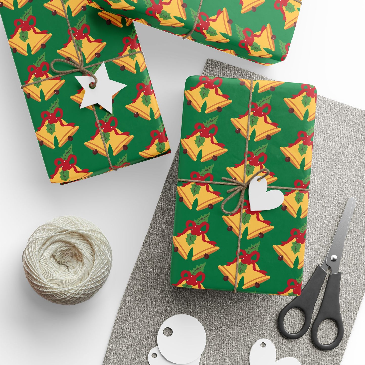 Christmas Bells Wrapping Paper Roll — Green Holly Holiday Gift Wrap