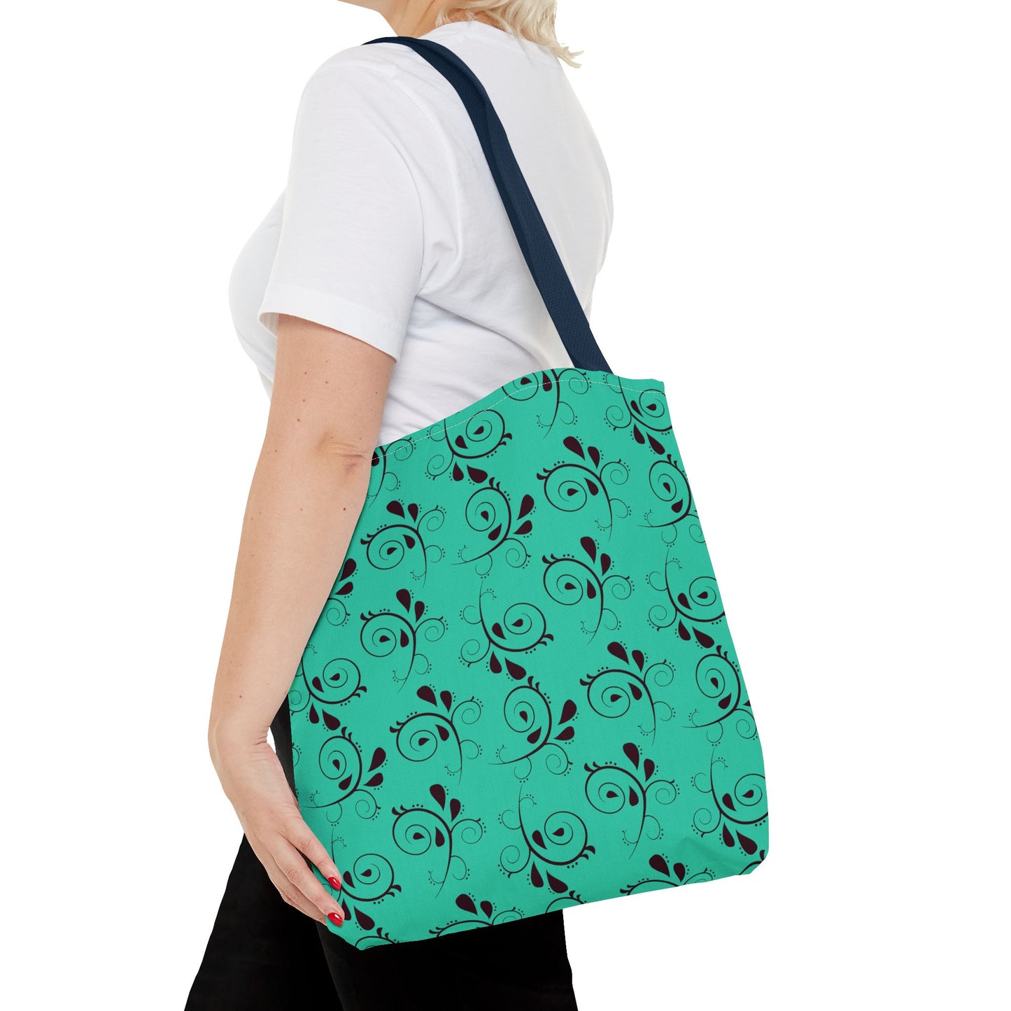 Turquoise Floral Swirl Tote Bag – All-Over Print Stylish Shopping Bag
