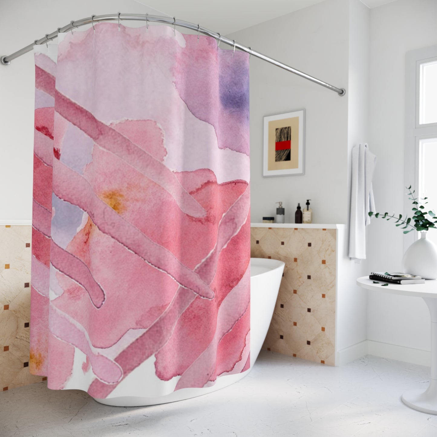 Pink Watercolor Abstract Shower Curtain — Soft Pastel Bathroom Decor