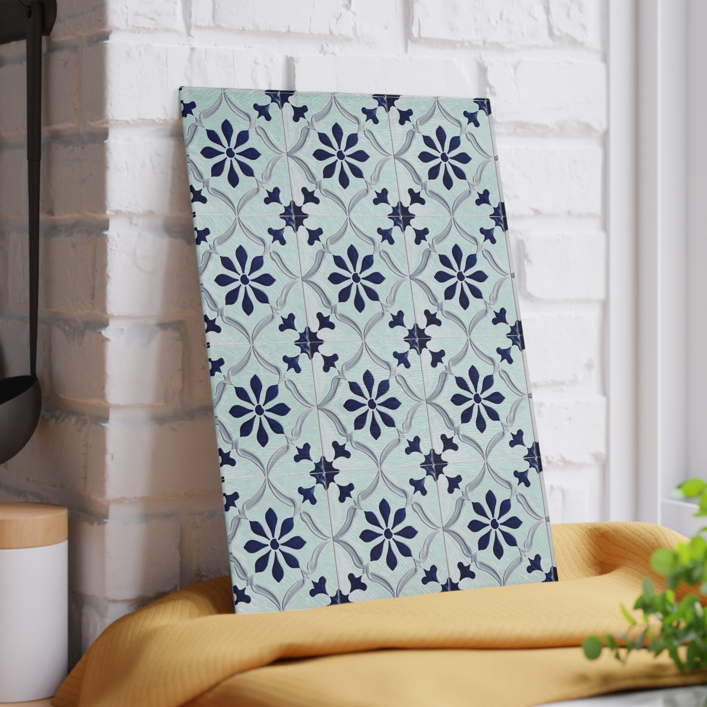 Floral Tile Glass Cutting Board — Blue Patterned Kitchen Trivet