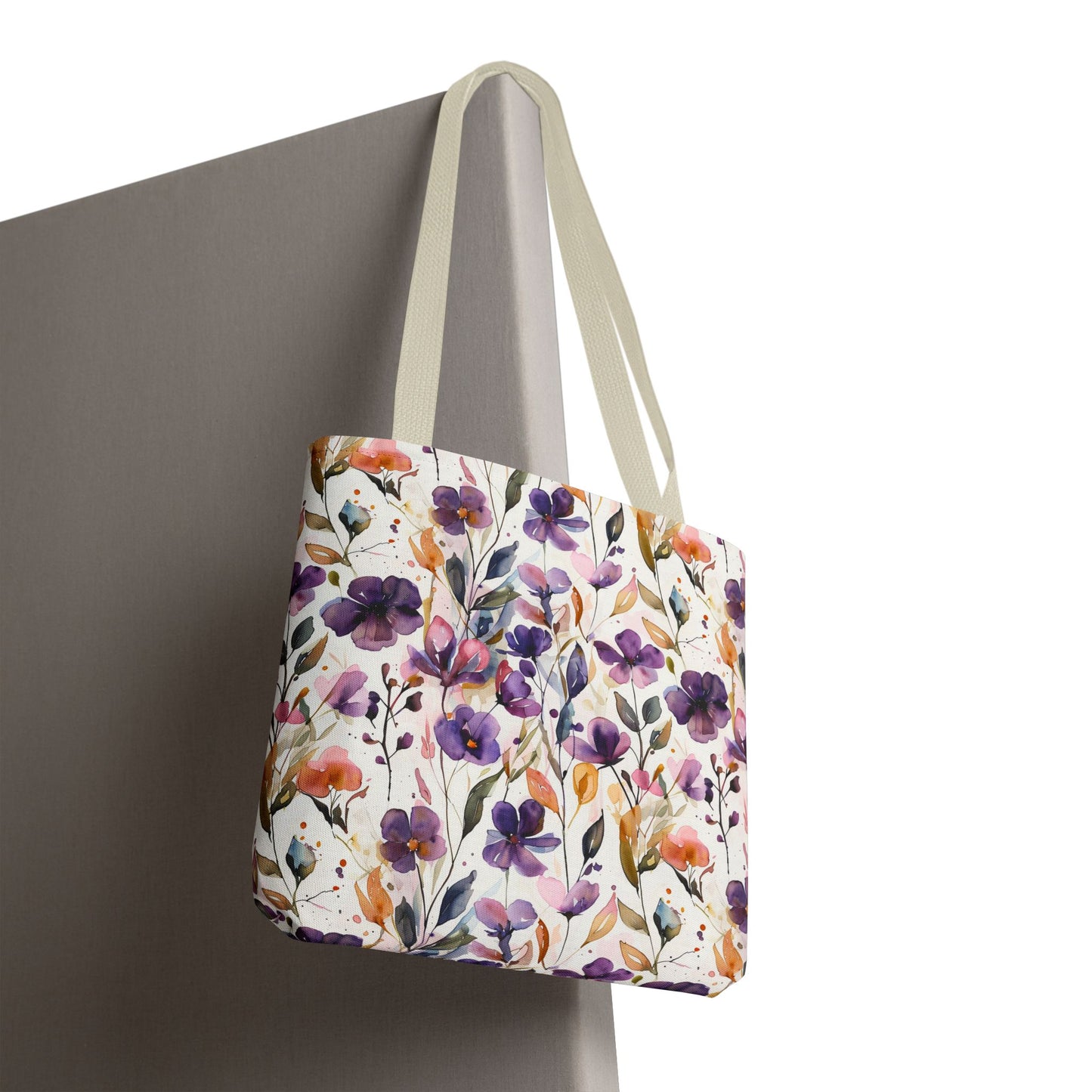 Floral Watercolor Tote Bag — Purple & Orange Botanical All-Over Print