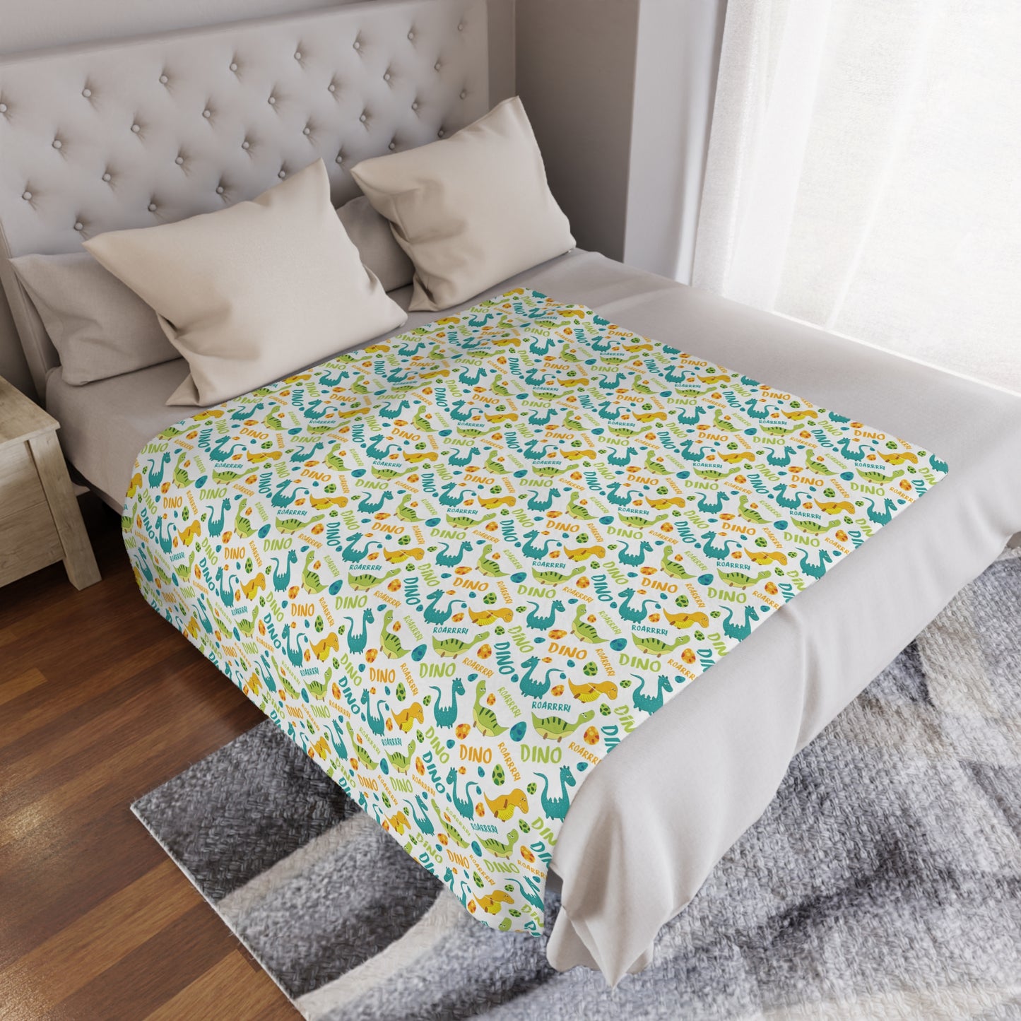Baby Footprint Minky Blanket — Soft Dinosaur Pattern Nursery Throw