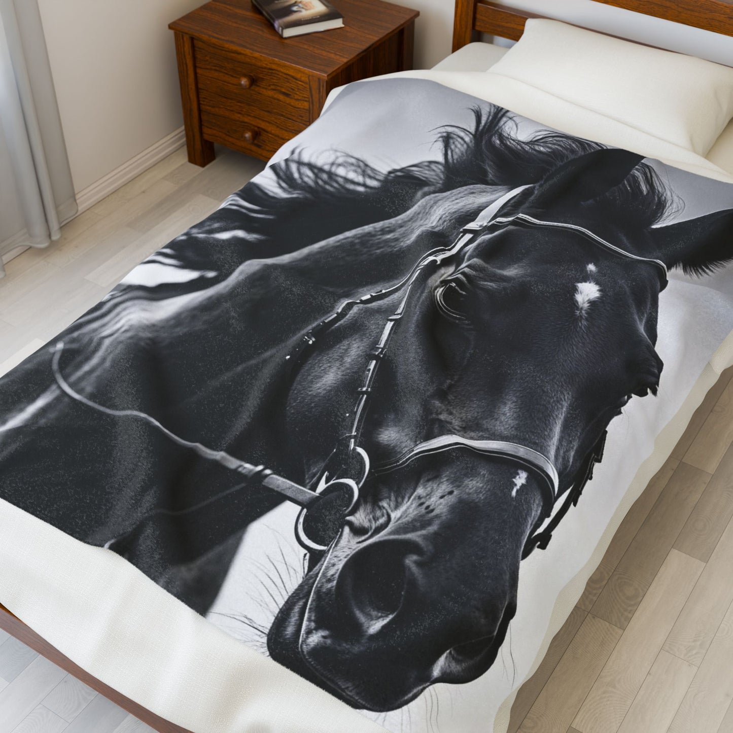 Black Stallion Velveteen Plush Blanket – Photoreal Horse Throw for Equestrian Fans