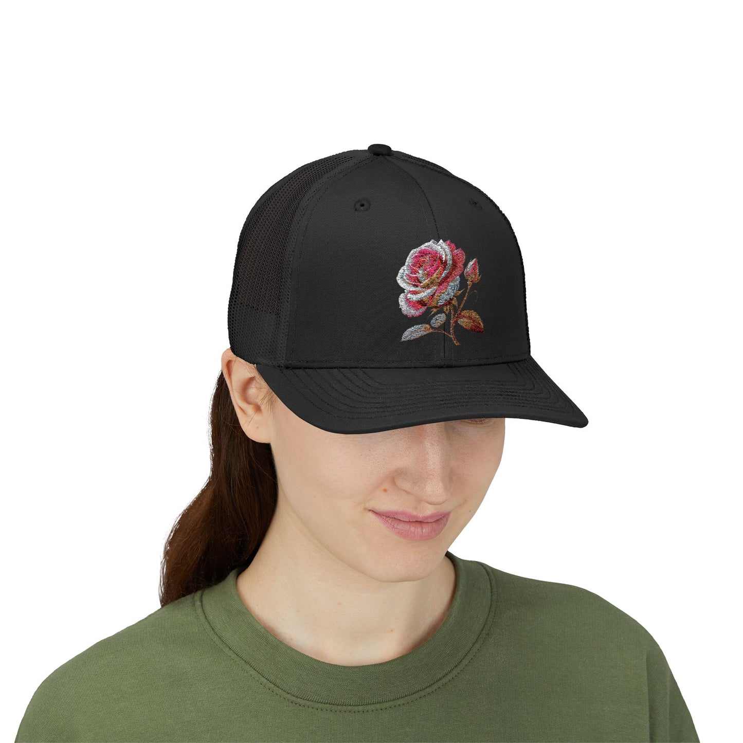 Rose Embellished Snapback Trucker Cap, Casual Hat for Outdoor Events, Gift for Flower Lovers, Stylish Fashion Accessory, Holiday Cap