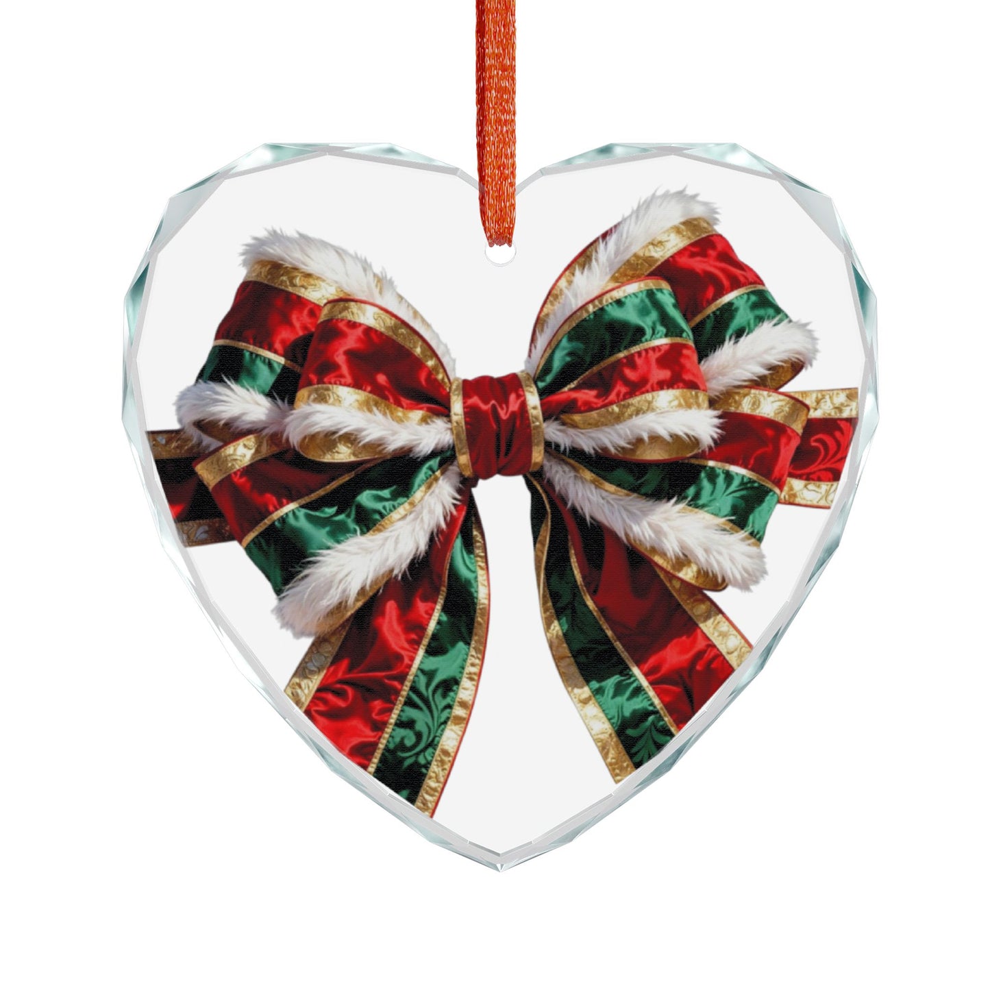 Crystal Heart Ornament — Festive Red & Green Holiday Bow