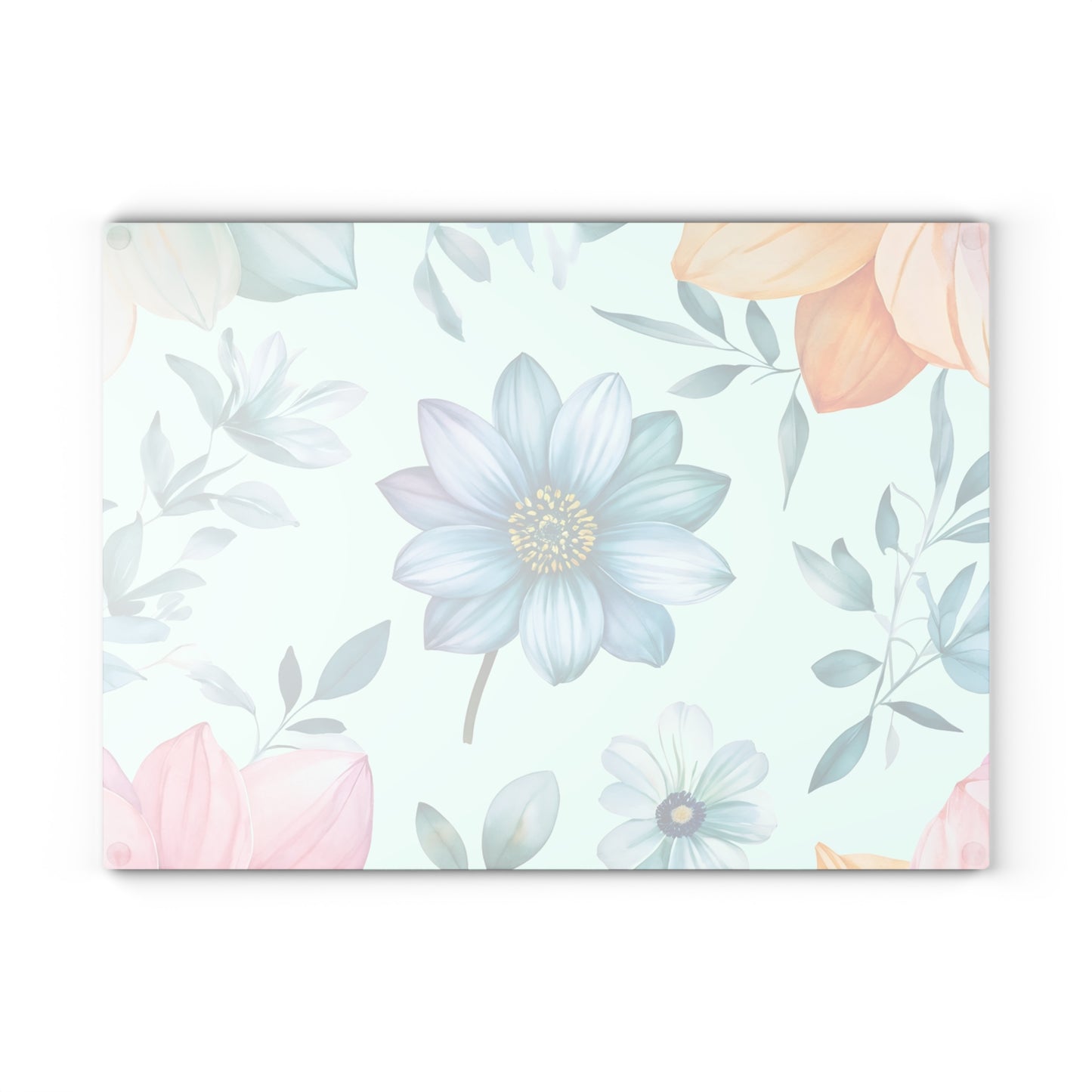 Floral Glass Cutting Board — Pastel Blue Watercolor Flowers