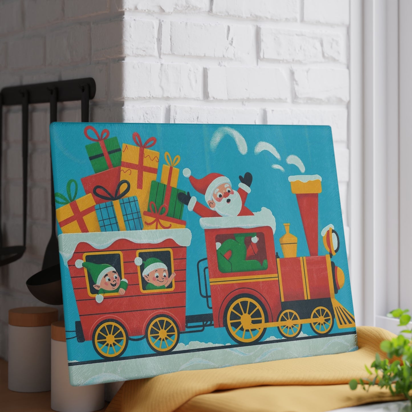 Christmas Santa Train Glass Cutting Board — Festive Holiday Kitchen Decor