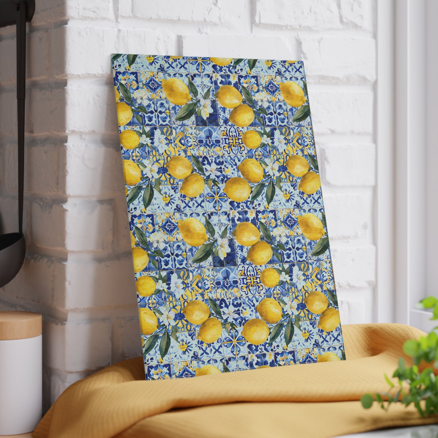 Lemon Tile Glass Cutting Board – Mediterranean Citrus Kitchen Decor