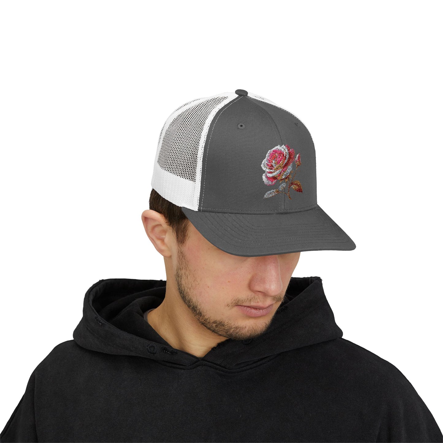 Rose Embellished Snapback Trucker Cap, Casual Hat for Outdoor Events, Gift for Flower Lovers, Stylish Fashion Accessory, Holiday Cap
