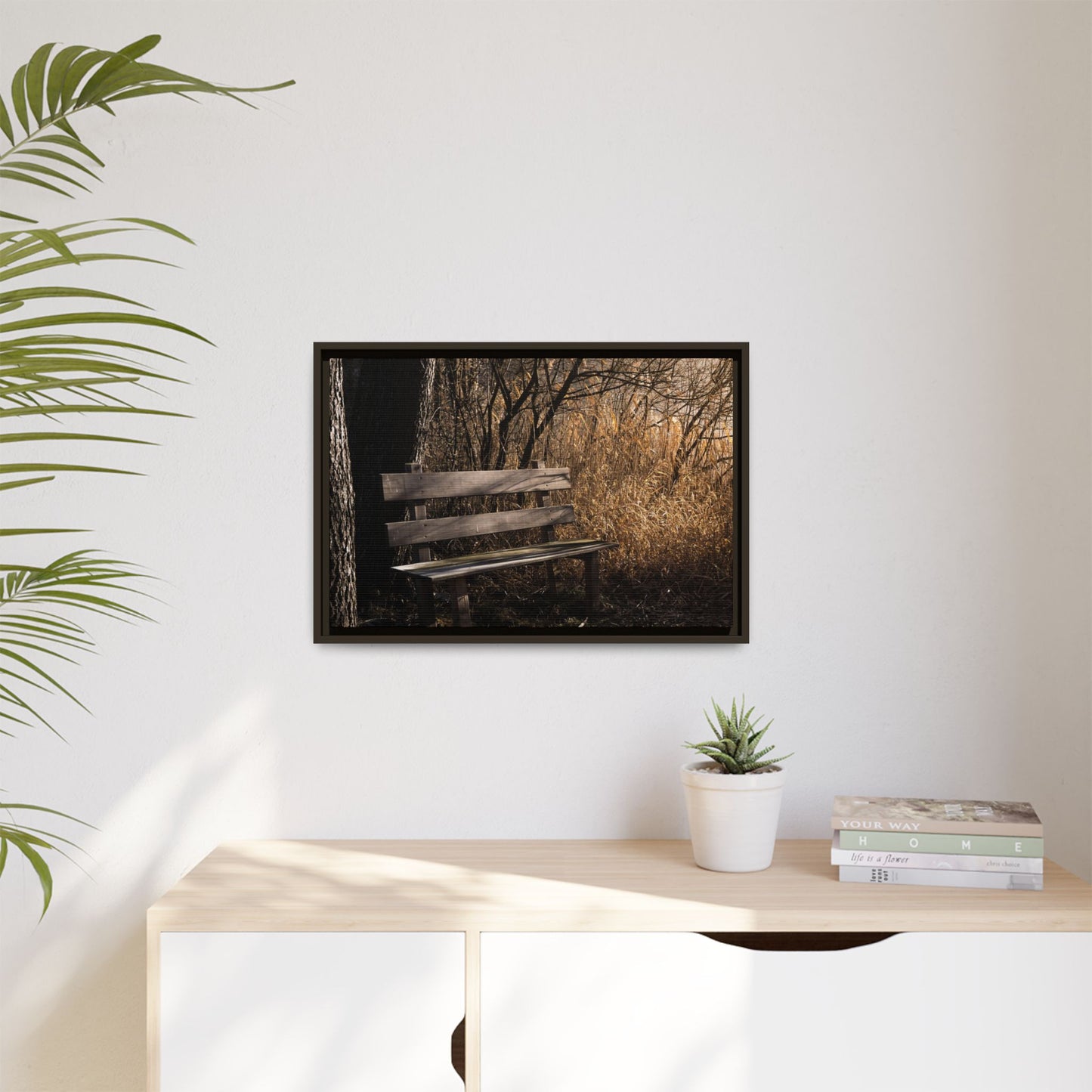 Framed Matte Canvas Print — Autumn Park Bench Photography