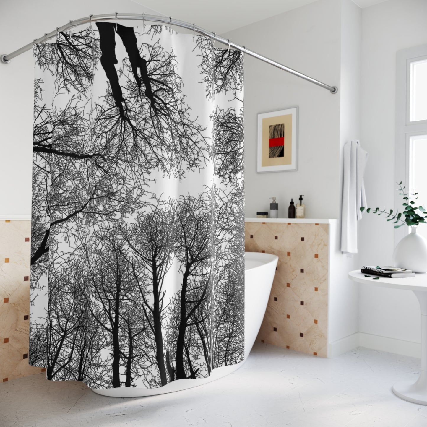 Monochrome Bare Trees Shower Curtain — Black & White Forest Canopy Bathroom Decor