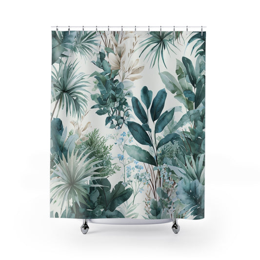 Botanical Tropical Shower Curtain — Green Palm & Foliage Bathroom Decor