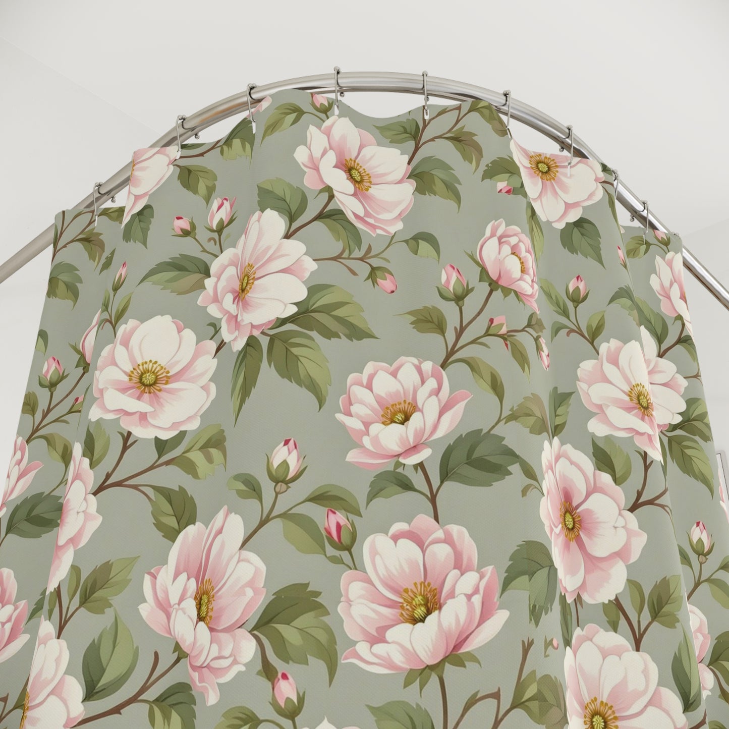Floral Vintage Shower Curtain — Pink Peony Pattern on Sage Green