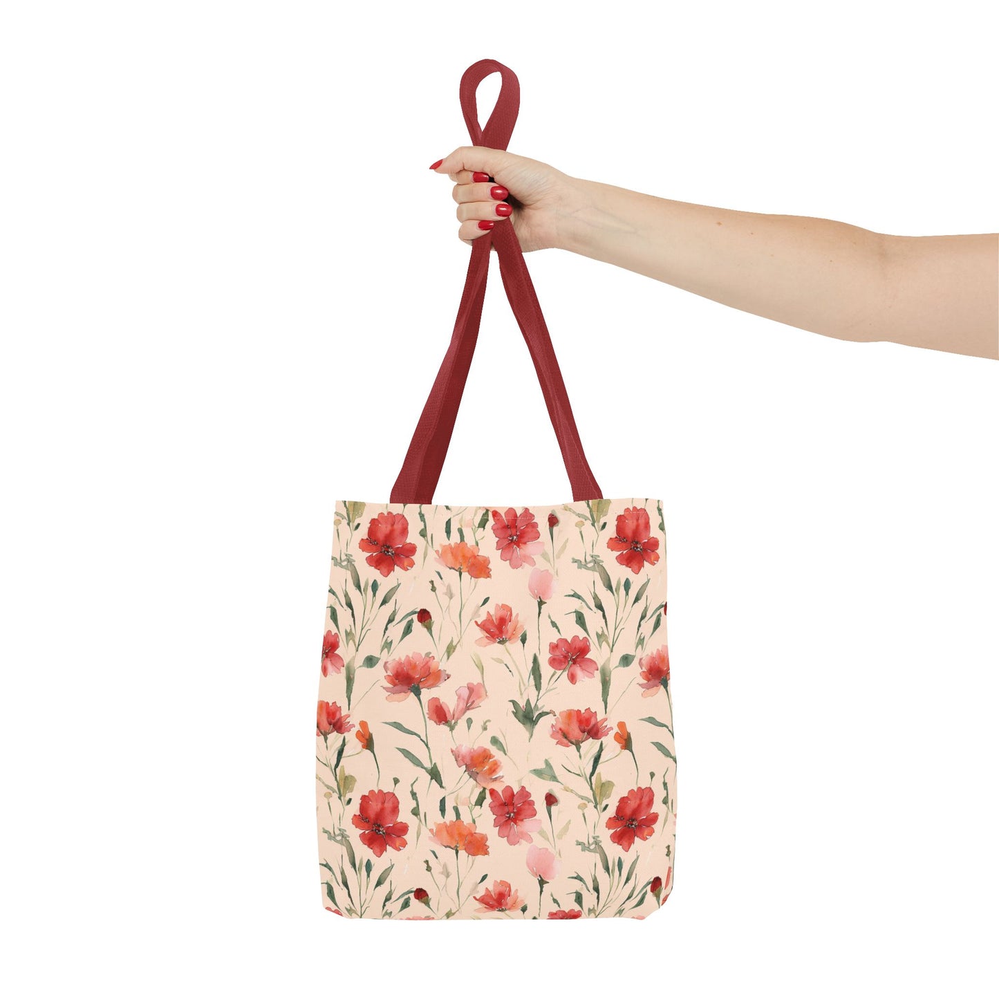 Floral Watercolor Tote Bag — Pink Red Poppy Pattern All-Over Print