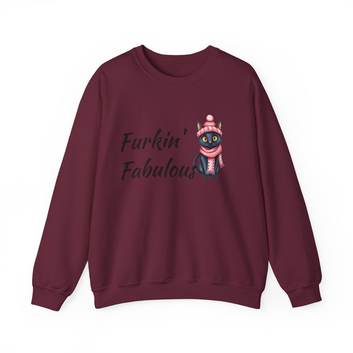 Crewneck Sweatshirt — "Furkin' Fabulous" Cute Black Cat in Pink Hat & Scarf