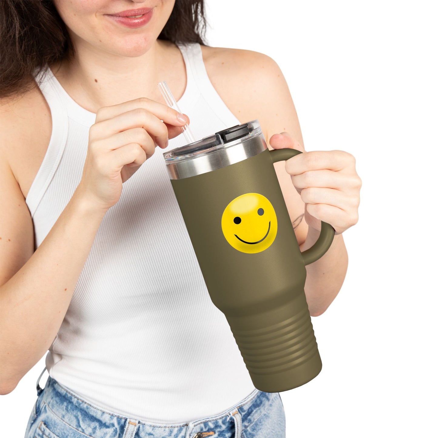 Smiley Face Insulated Travel Mug | 40oz Large Cup for Hot/Cold Beverages | Perfect for Travel & Gifting