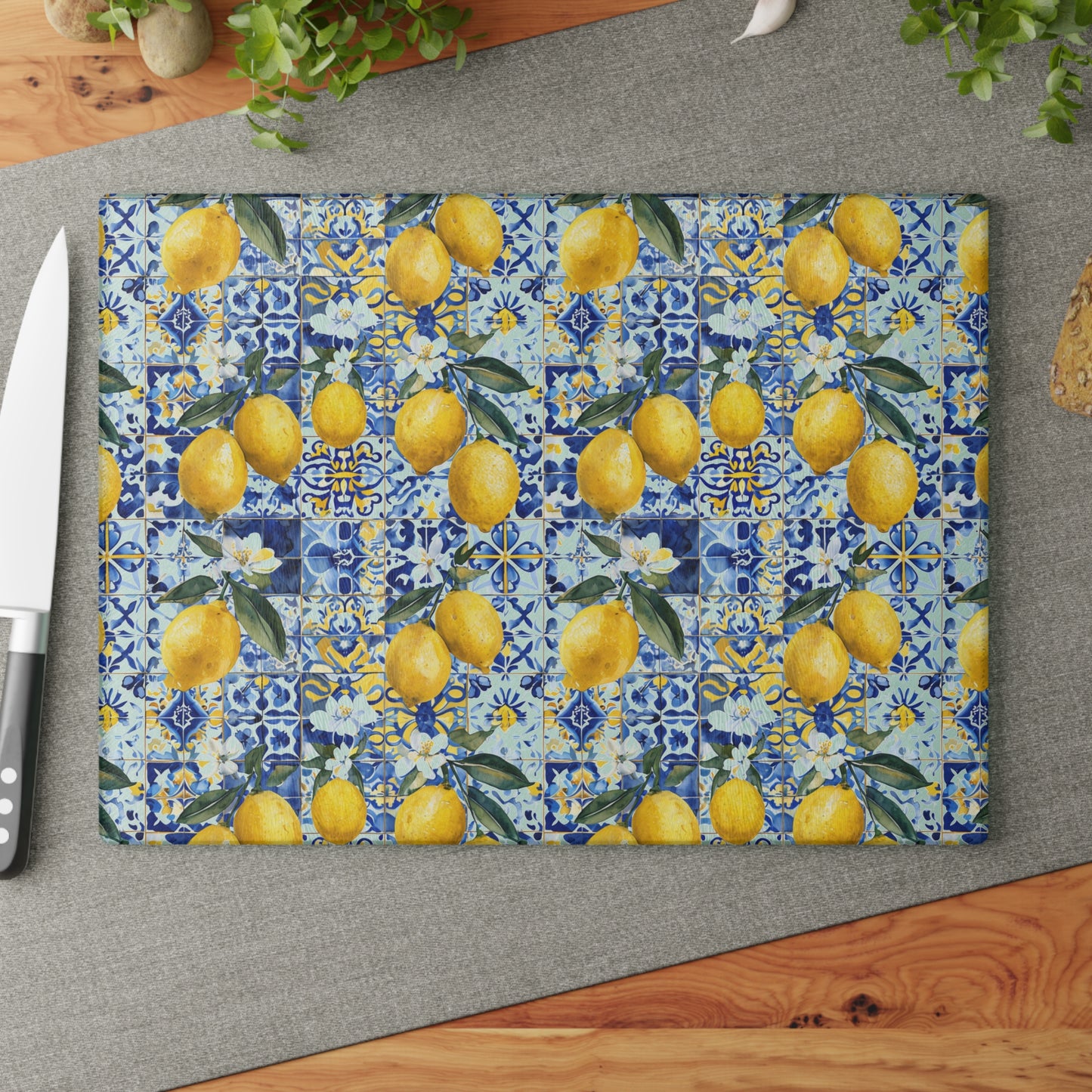 Lemon Tile Glass Cutting Board – Mediterranean Citrus Kitchen Decor