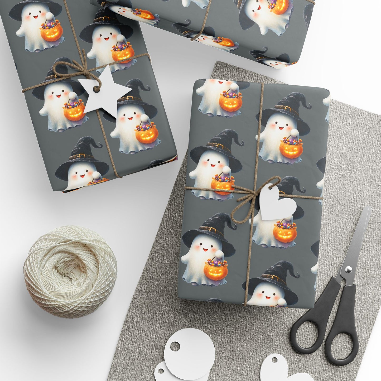 Ghostly Halloween Wrapping Paper, Spooky Gift Wrap, Treats & Trick Paper, Festive Holiday Supplies, Cute Ghost Design
