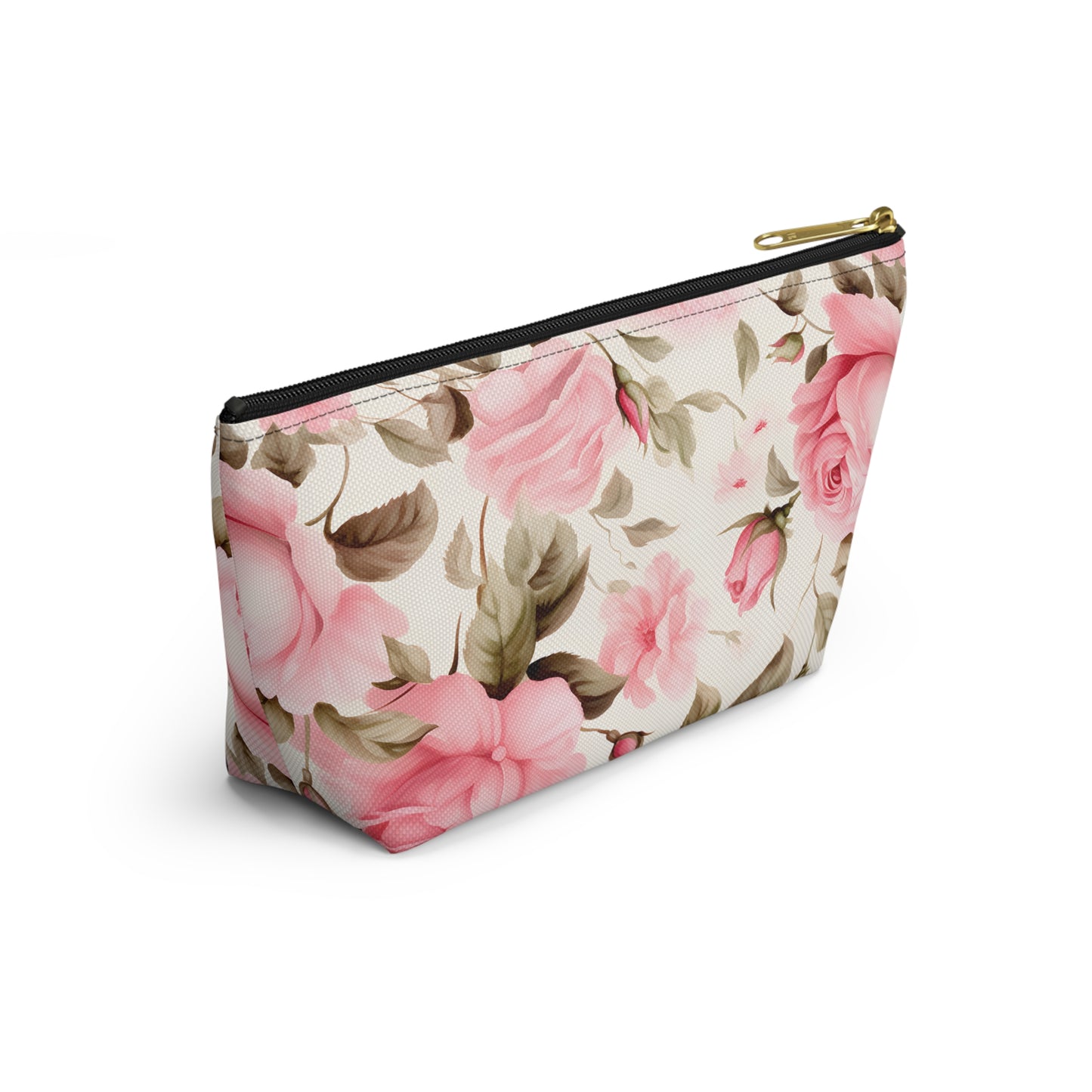 Floral Rose Accessory Pouch - Pink Vintage Cosmetic Bag with T-Bottom