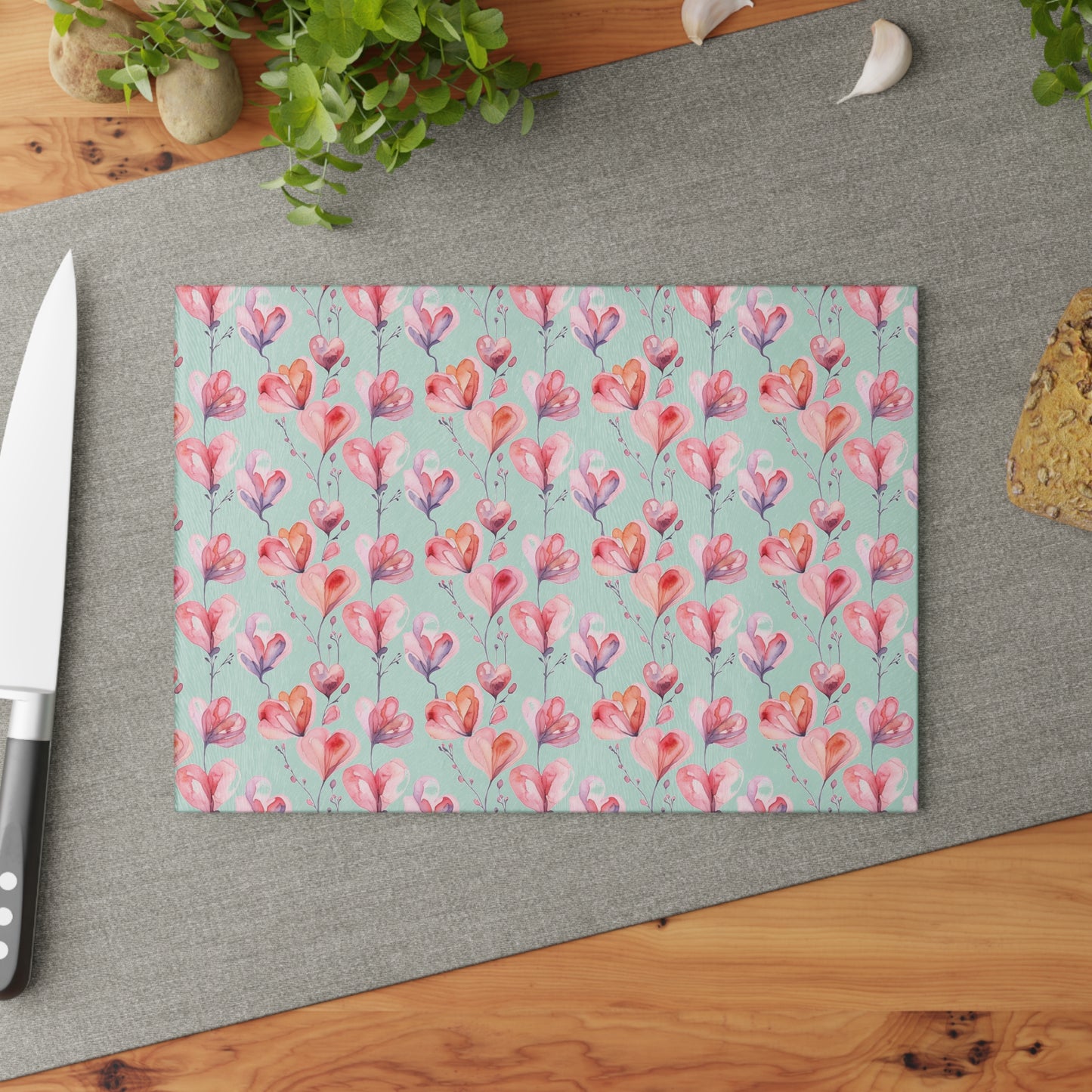 Floral Watercolor Glass Cutting Board — Pink Tulip Pattern