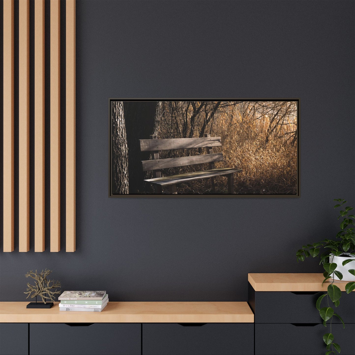 Framed Matte Canvas Print — Autumn Park Bench Photography