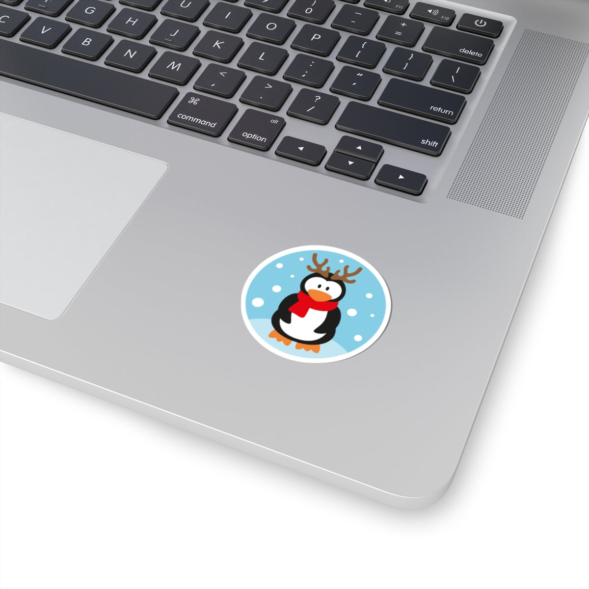 Penguin with Antlers Kiss-Cut Sticker — Cute Holiday Penguin Sticker (Red Scarf, Snowflakes)