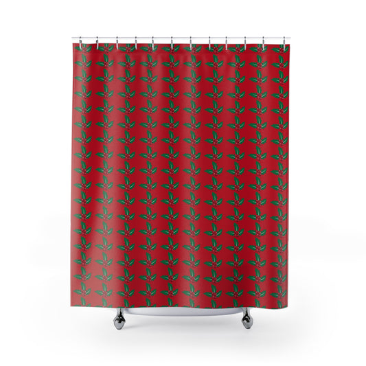 Festive Holly Shower Curtain - Holiday Bathroom Decor, Christmas Decor, Red Green Holiday Vibes, Botanical Design, Seasonal Gift
