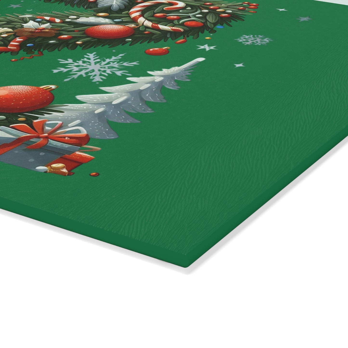 Christmas Wreath 'Z' Glass Cutting Board – Festive Holiday Kitchen Board, Candy Cane & Ornaments Design