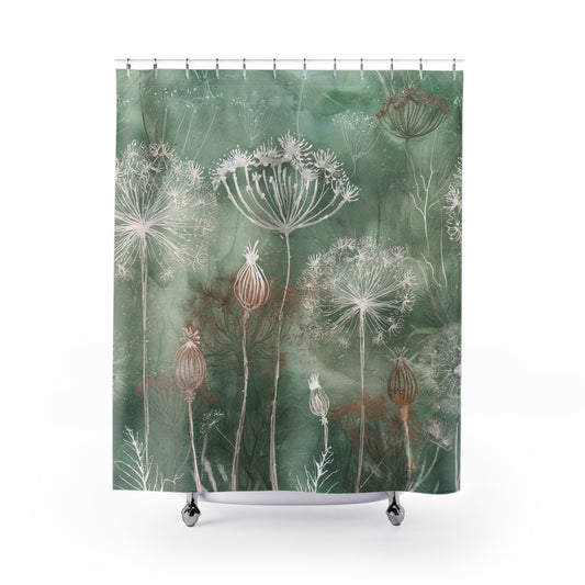 Botanical Dandelion Shower Curtain — Green Floral Bathroom Decor