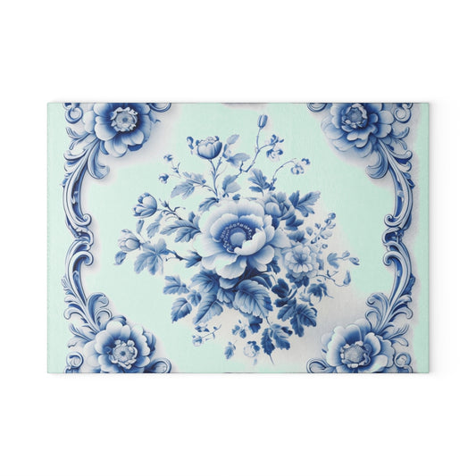 Blue Floral Glass Cutting Board — Vintage Delft-Style Kitchen Serving & Chopping Board