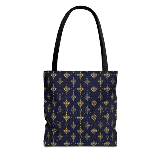Navy & Gold Art Deco Tote Bag — Elegant Geometric Pattern All-Over Print