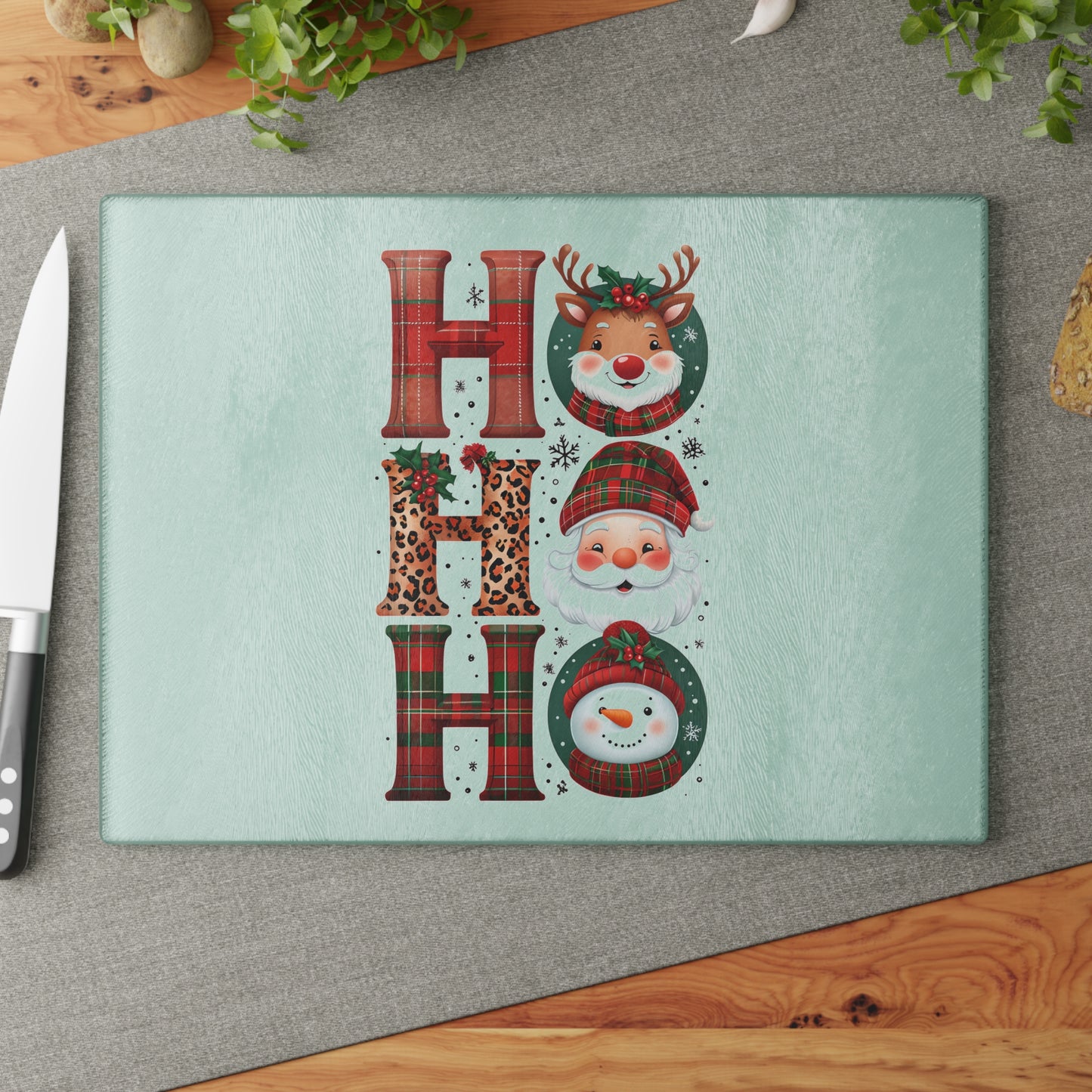 Festive Glass Cutting Board with 'HO HO HO' Design, Holiday Gift, Kitchen Decor, Seasonal Cooking, Christmas Party