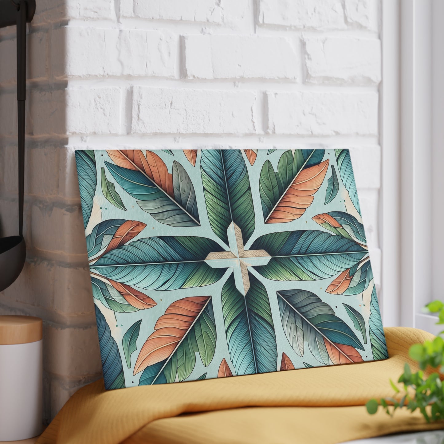 Tropical Leaf Glass Cutting Board — Botanical Decorative Kitchen Board