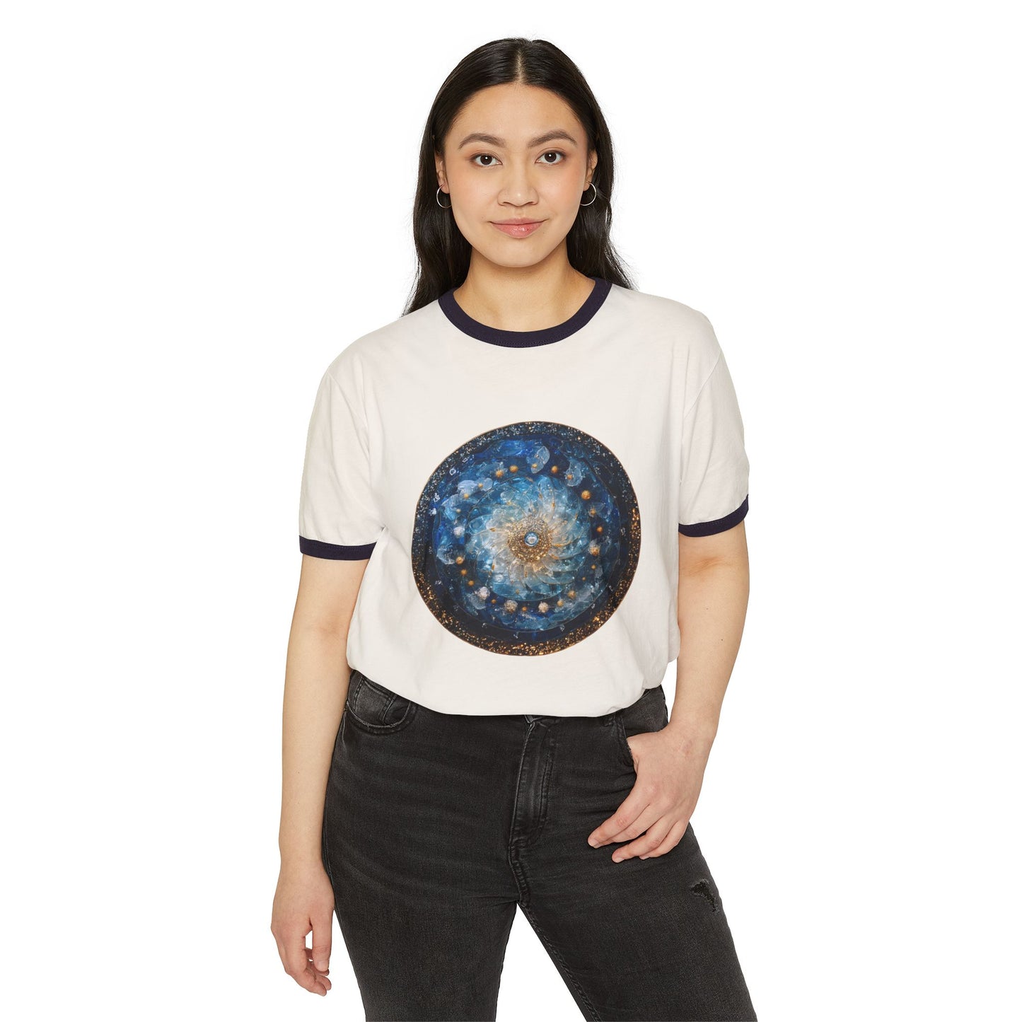 Celestial Mandala Ringer T‑Shirt — Blue Galaxy Circle Art