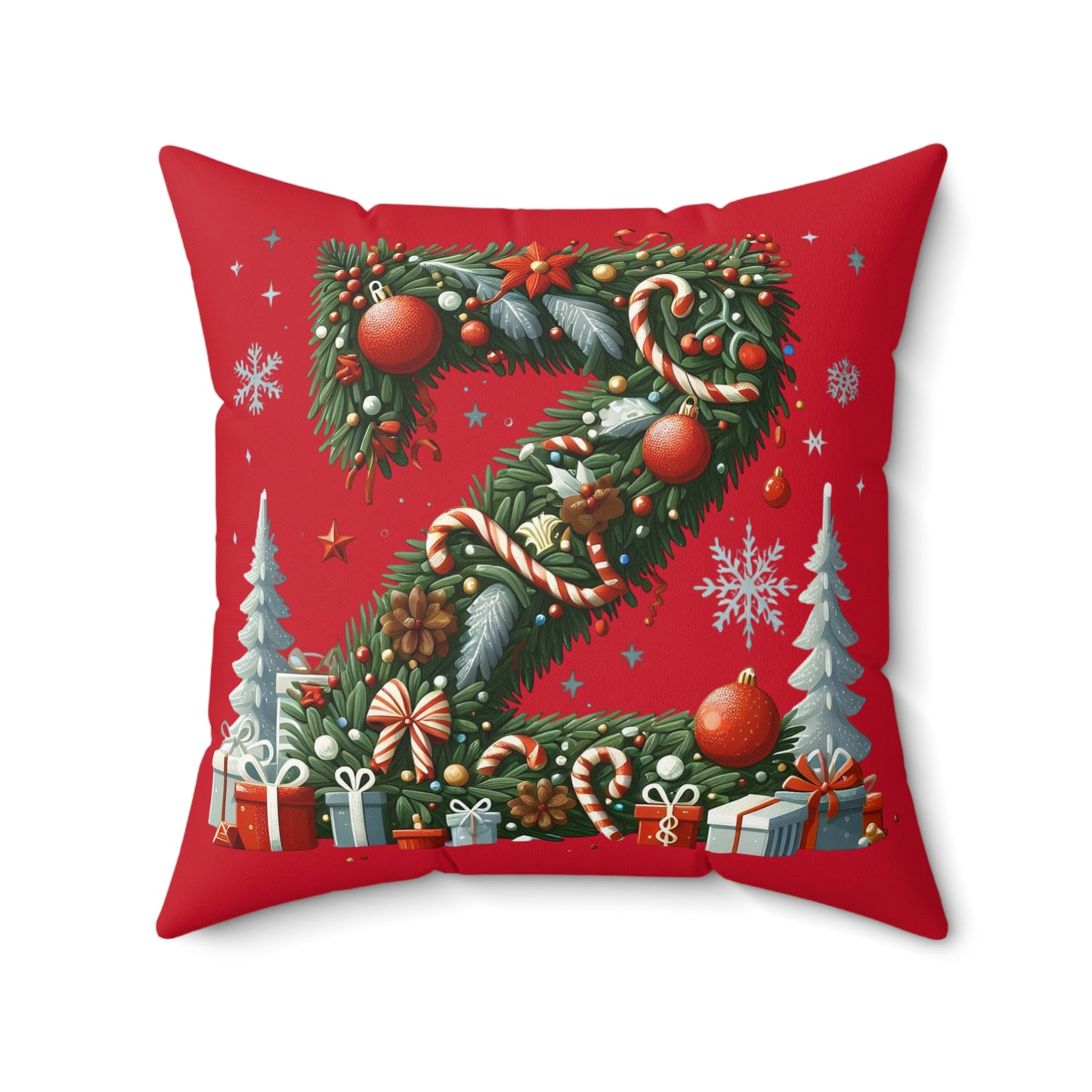 Christmas Wreath 'Z' Holiday Throw Pillow – Festive Red Decorative Cushion