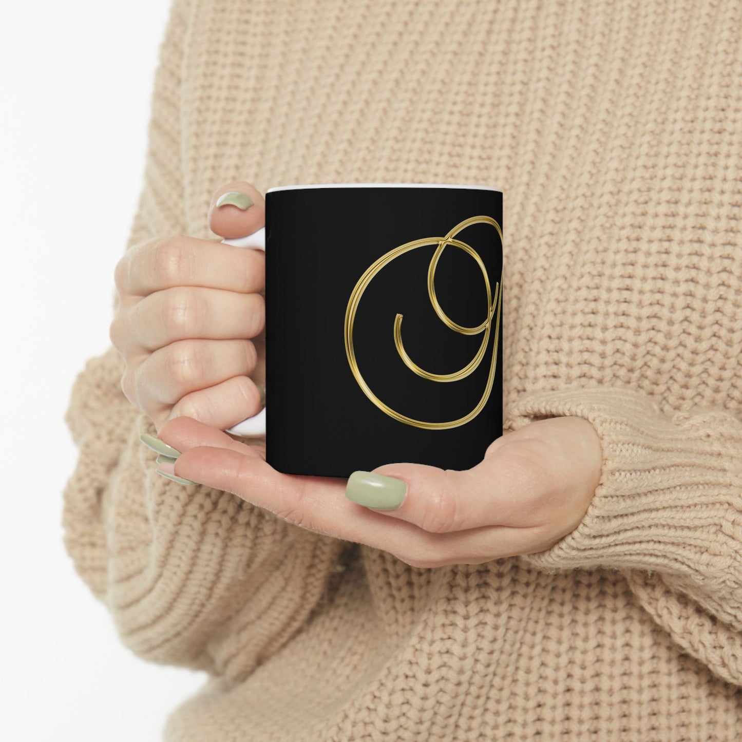 Monogram N Ceramic Mug — Gold Script Initial on Black (11oz & 15oz)