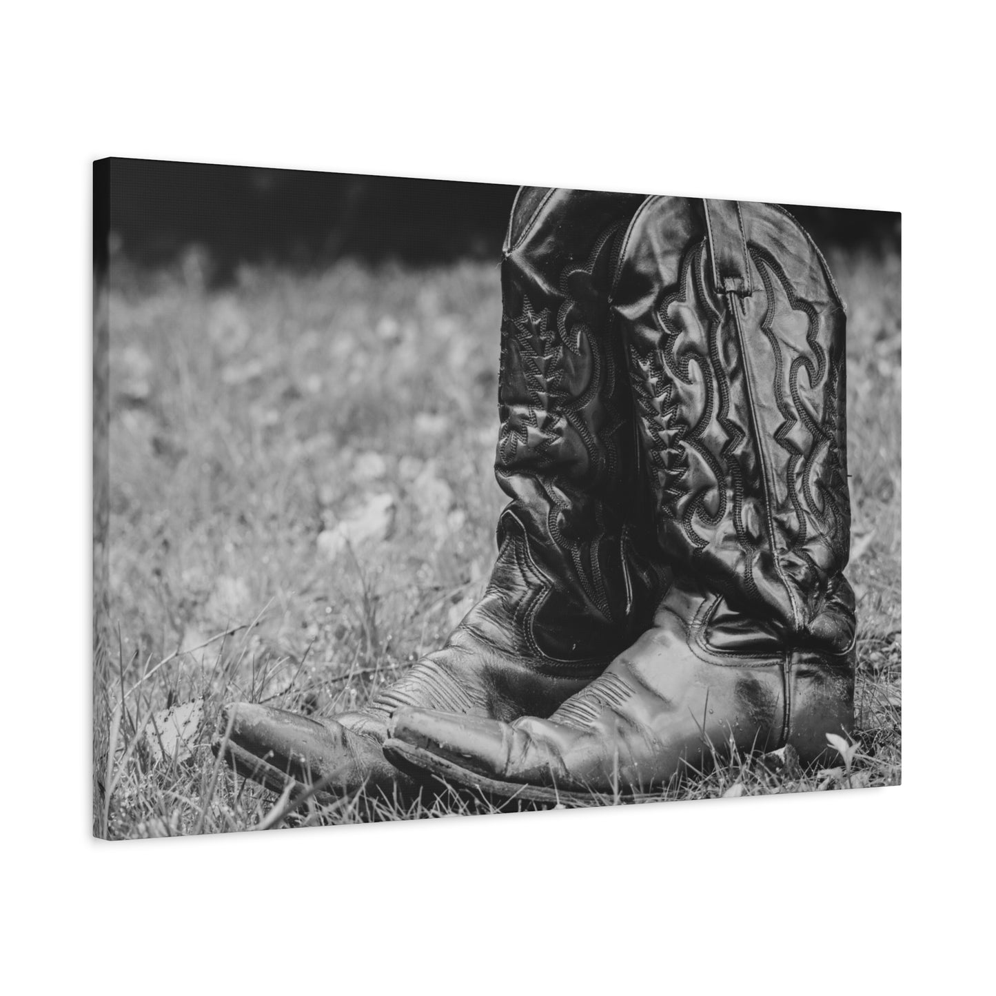 Western Cowboy Boots Matte Canvas Wall Art – Black & White Rustic Country Decor