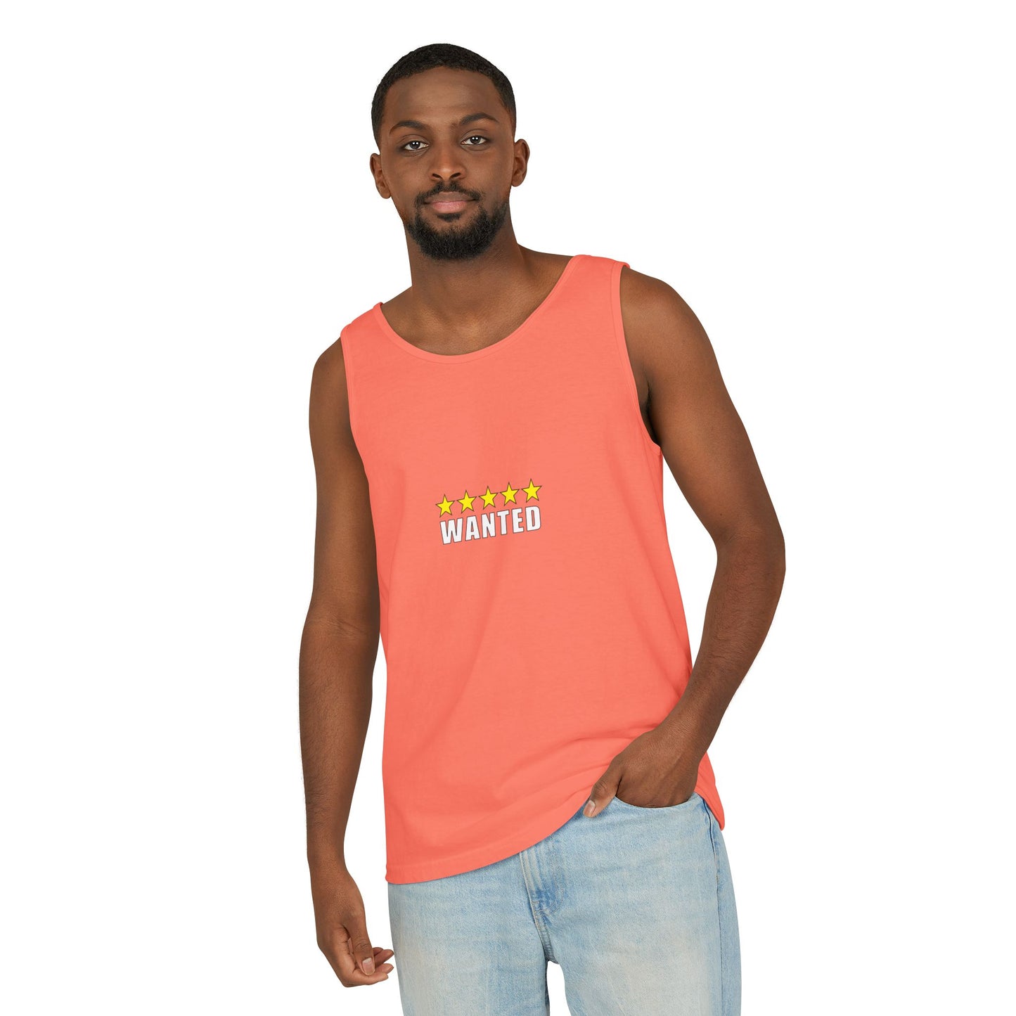 5-Star "WANTED" Garment-Dyed Tank Top, Unisex Summer Shirt, Gift for Him/Her, Trendy Casual Wear, Pool Party Outfit, Unique Graphic Tee