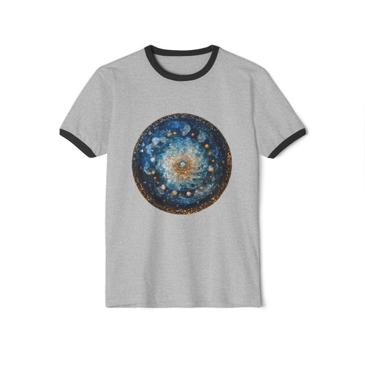 Celestial Mandala Ringer T‑Shirt — Blue Galaxy Circle Art