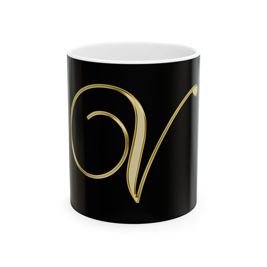 Gold Script Letter V Ceramic Mug — Elegant Monogram Coffee Cup (11oz, 15oz)