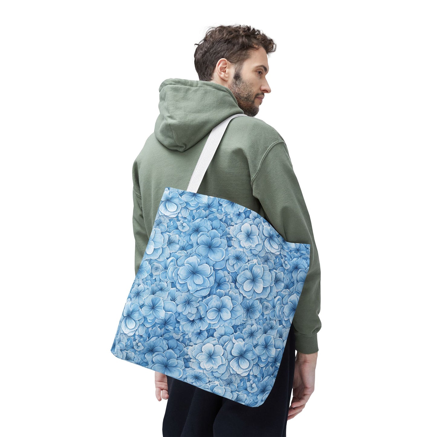 Blue Watercolor Floral Tote Bag — Reusable Flower Pattern Shopper