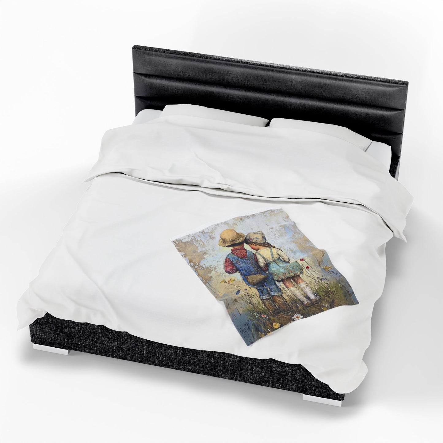 Vintage Children Standing Together Velveteen Plush Blanket — Rustic Nursery Throw