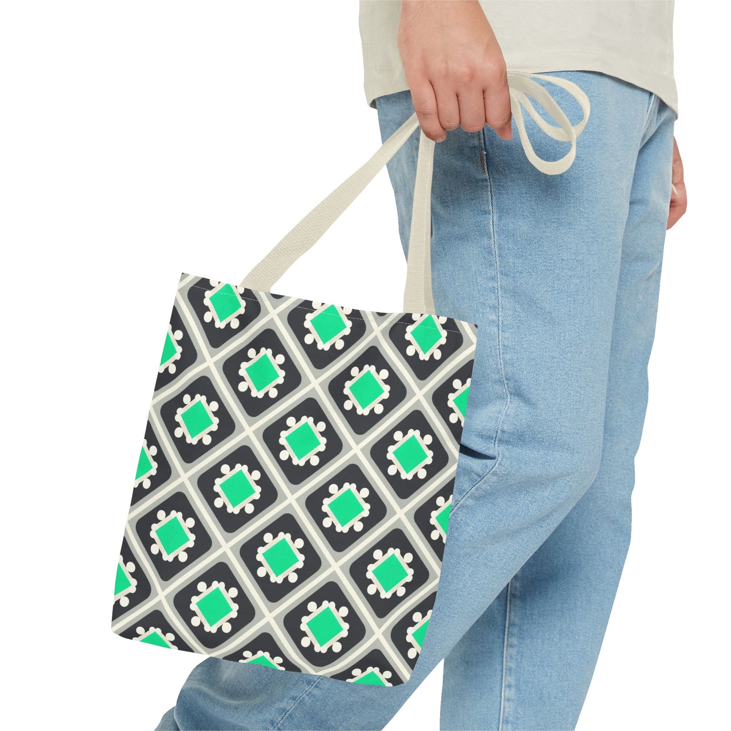 Geometric Mint Tile Tote Bag — Patterned All-Over-Print Shopper