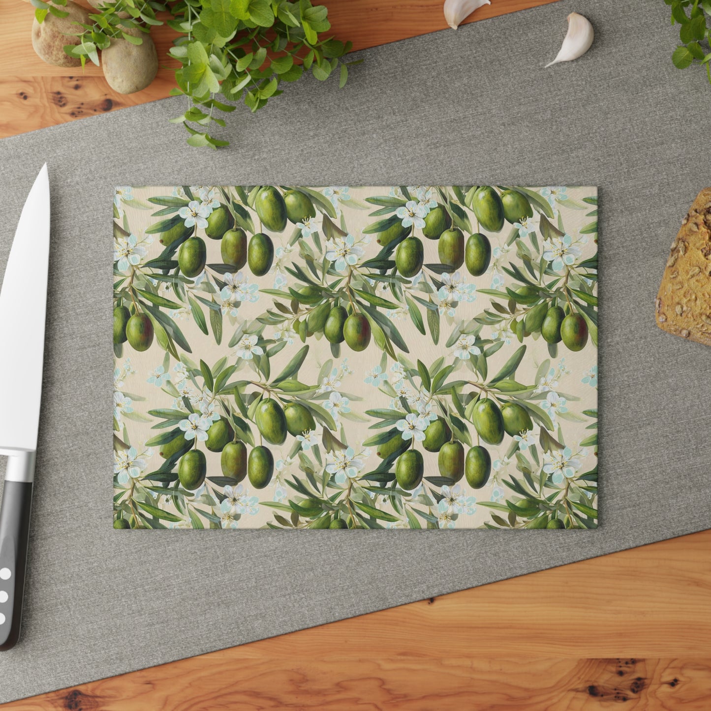 Olive Branch Glass Cutting Board — Mediterranean Kitchen Decor