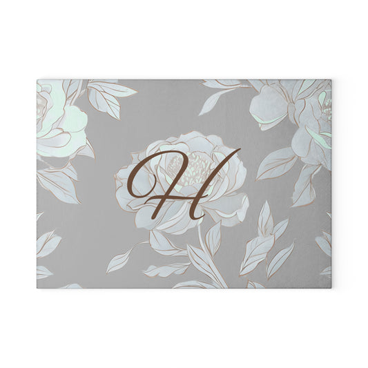 Personalized Floral Glass Cutting Board with Initials, Modern Kitchen Decor, Wedding Gift, Home Chef Gift, Elegant Kitchenware