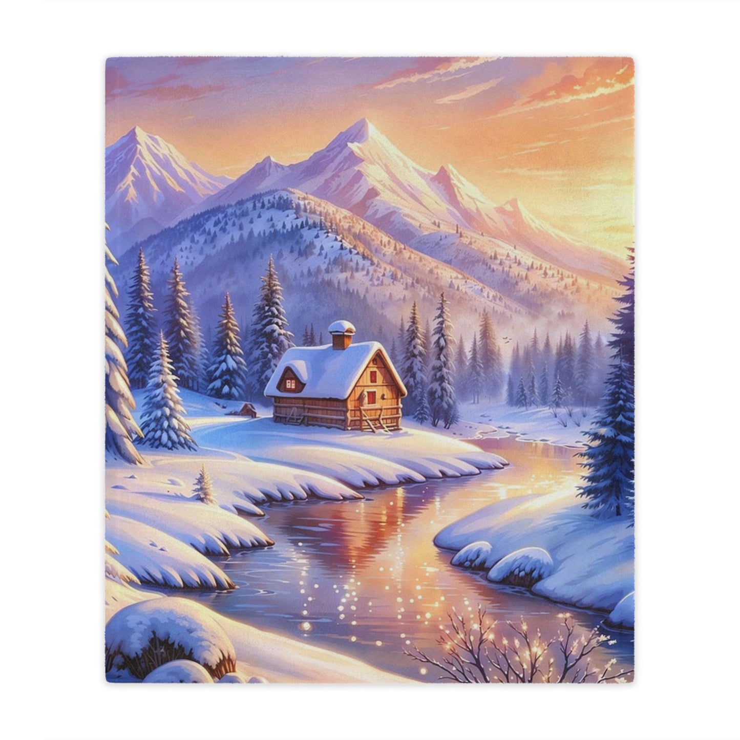 Winter Cabin Minky Blanket – Cozy Snowy Mountain Throw for Home & Holiday Décor