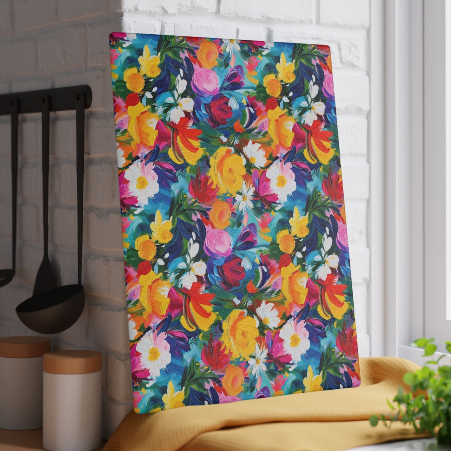 Floral Glass Cutting Board — Bright Watercolor Garden Kitchen Board