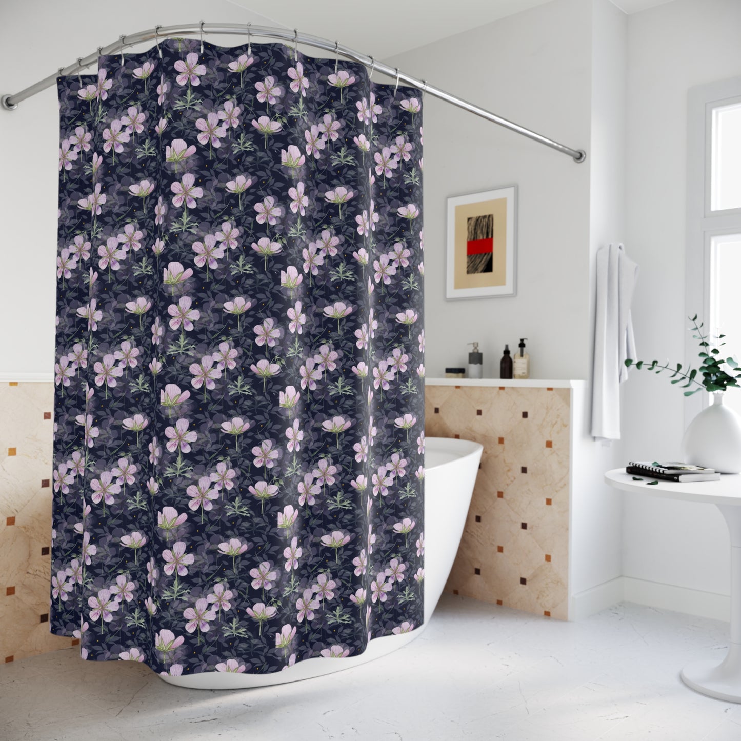Floral Shower Curtain with Purple Blooms, Bathroom Decor, Bohemian Vibe, Gift for Spring, Home Makeover, Wedding Registry