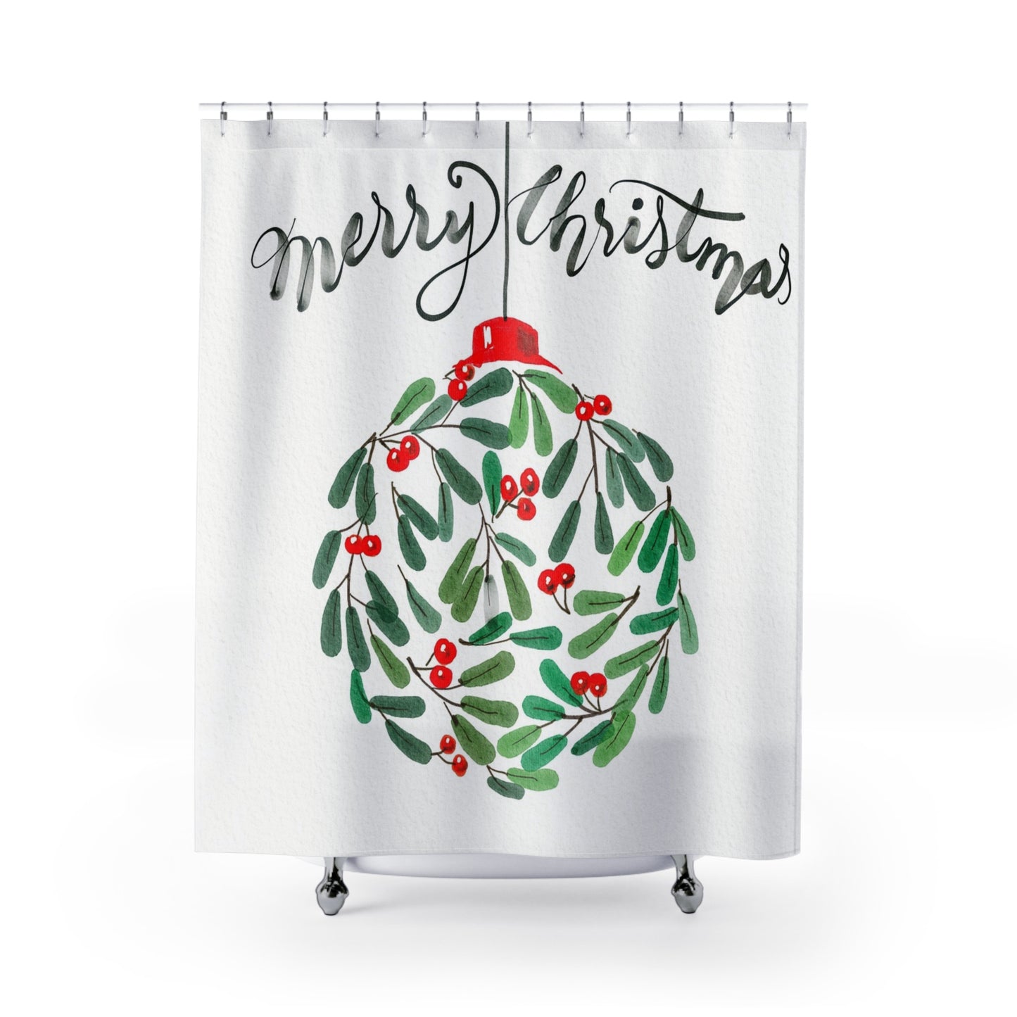 Merry Christmas Shower Curtain, Holiday Bathroom Decor, Festive Gift, Seasonal Decoration, Wreath Design